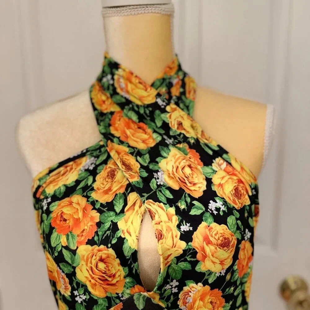 NWT Zara Twisted Halter Floral Black & Yellow Bodysuit - Picture 3 of 9